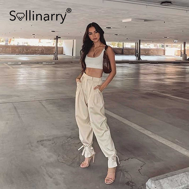 Sollinarry Fashion loose trousers elegant High street satin drape hem sash pants spring Chic office lady outfit female bottom 210709