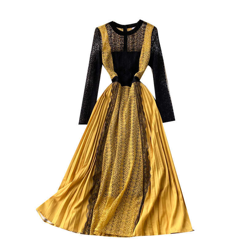 Spring Fashion Women Round Neck Elegant Lace Long-sleeved Bump-and-roll Pleated A-line Dress Vintage Vestidos S029 210527