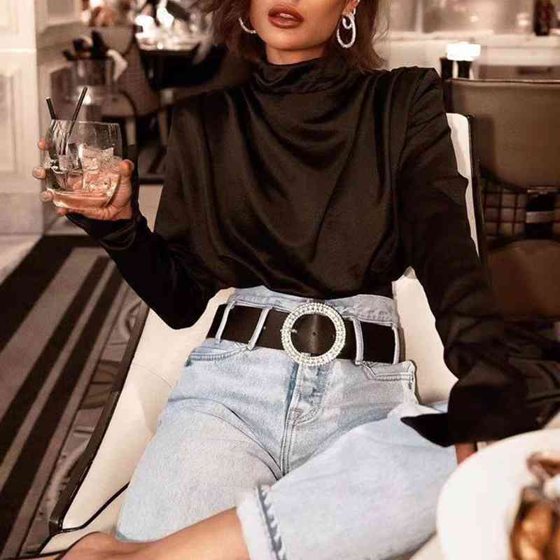 Casual Ruched Shirt For Women Turtleneck Long Sleeve Loose White Blouse Female Fashion Clothes Autumn 210524