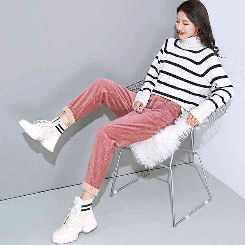 Lucyever Autumn Winter Casual Warm Pant Elegant Corduroy Harem Female Vintage Brown Button High Waist Trousers 211124Z