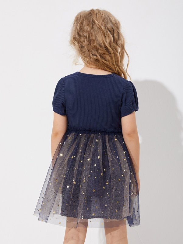 Toddler Girls Star Print Mesh Panel Puff Sleeve Dress SHE