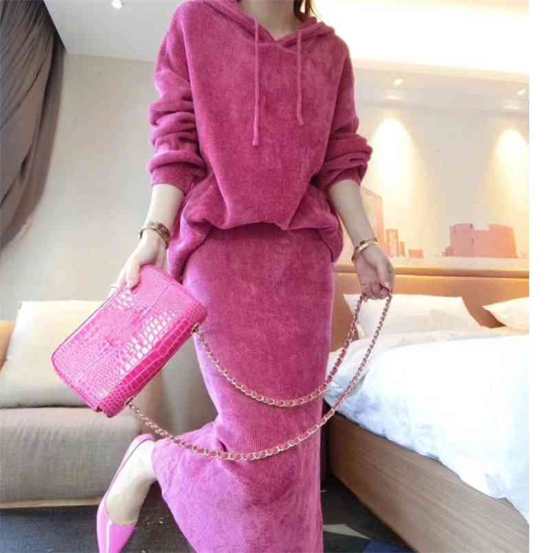 Fashion Autumn Women Two Piece Set Ladies knitting Hooded pullover Tops+high waist Midi Skirt Casual 210519