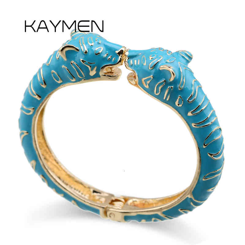 Kaymen Animal Leopard Head Cuff Bangle for Girls Women Gold-plating Ename Statement Fashion Bracelet 4 Colors 3316