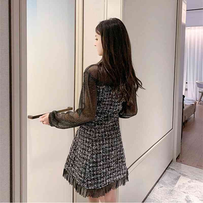 Spring Tweed Dress Office Fashion Knee-Length Ladies Long Sleeve Chic Patchwork Ruffle Vestidos 210520