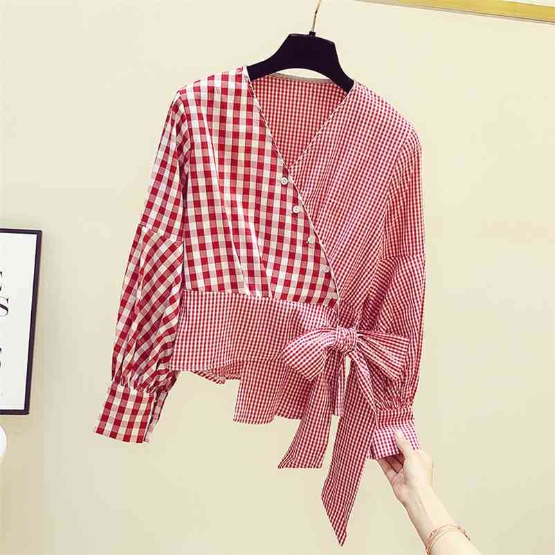 Autumn Women's Long Sleeves V Neck Bow Plaid Irregular Shirt Casual Blouse Tops Girls Ladies Shirts Blusas A3370 210519, Red
Autumn Women's Long Sleeves V Neck Bow Plaid Irregular Shirt Casual Blouse Tops Girls Ladies Shirts Blusas A3370 210519, Red