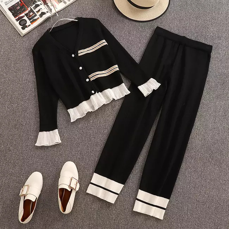 Comelsexy Autumn Women Single Breasted Chiffon Patchwork Knit Cardigan+Elastic Waist Wide Leg Pants 2PCS Sets 210515