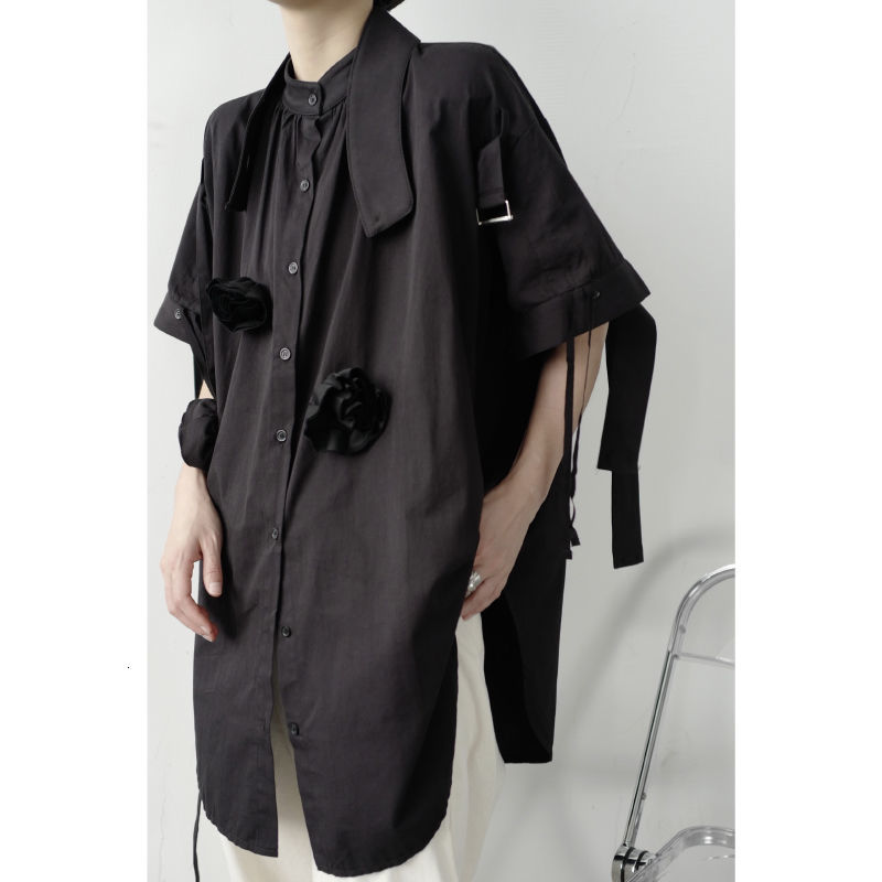 IEFB /men's wear Niche three-dimensional flower short sleeve asymmetric ribbon shirt for male high street large size shirt Y3380 210524