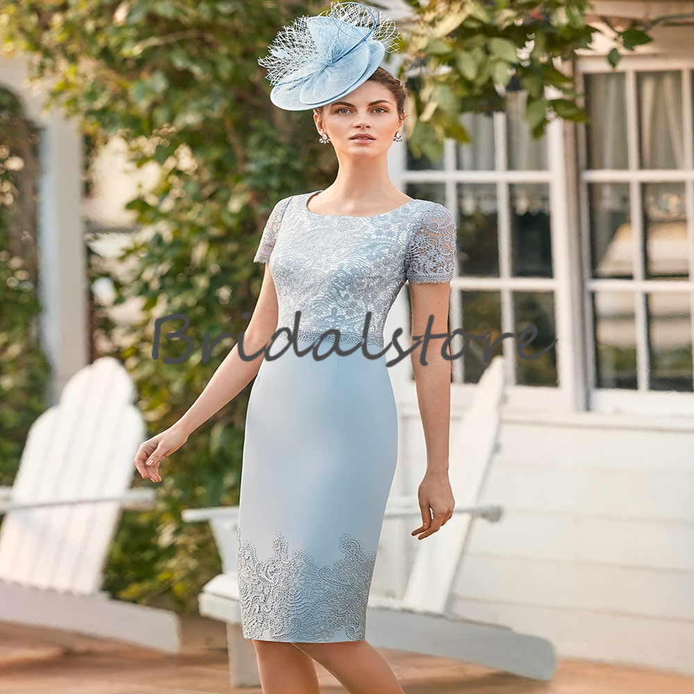 Retro Dusty Blue Sheath Mother Of The Bride Dress With Jacket Short Sleeve Knee Length Lace Elegant Women Formal Evening Wear Skirt Uk Wedding Guest P