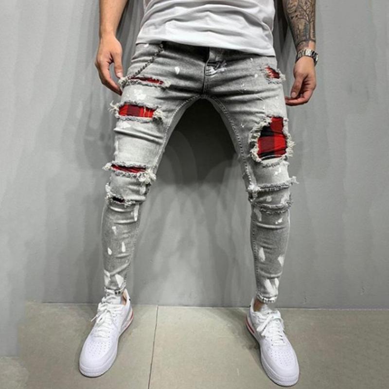 Fashion Men Solid Color Patchwork Skinny Fit Ripped Jeans Stretch Denim Pants Men's