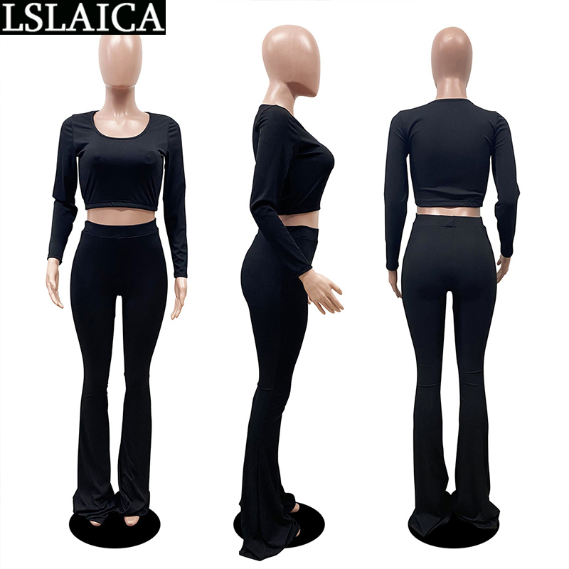 Outfits for Women Solid Exposed Navel Loungewear Slim Flared Pants Long Sleeve Arrival Casual O Neck Two Piece Set 210520