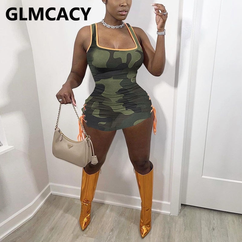 Women Sleeveless Camouflage Printed Bodycon Mini Dress 210702