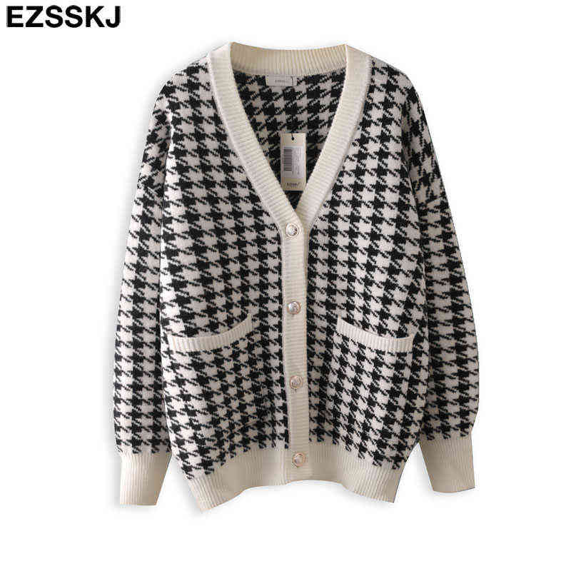 white black thick Houndstooth sweater cardigans jacket ladies women thick sweater coat v-neck cardigan jacket coat outwear 211117