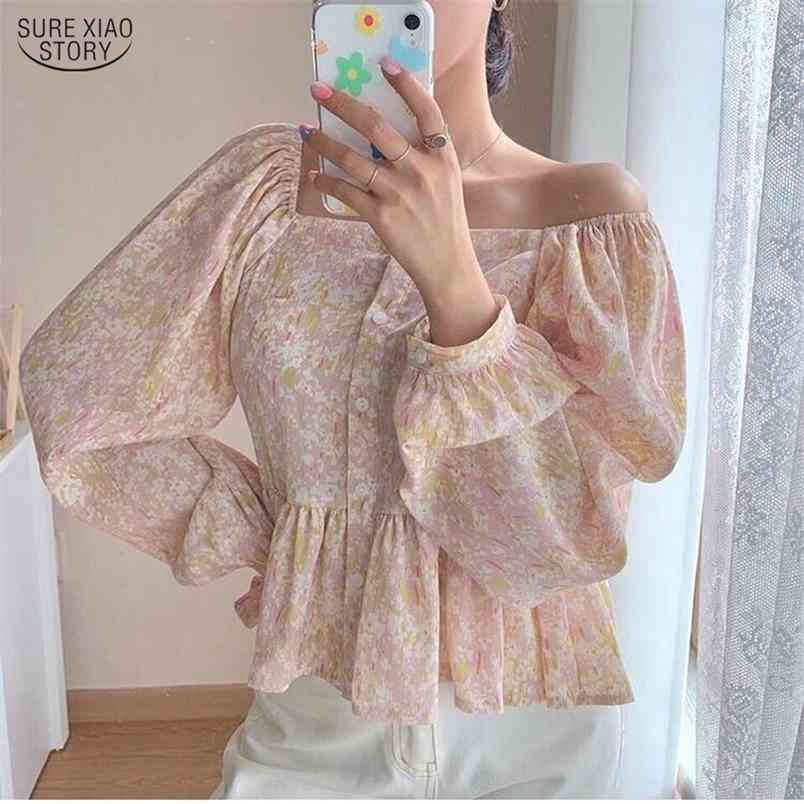 Korean Slim Square Collar est Print Ruffles Office Lady Streetwear Women Shirts Tops Vintage Florals Loose Blouse Blusa 10112 210506