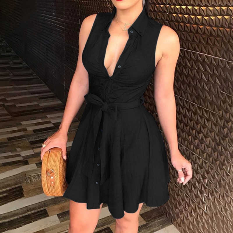 Dress Women Summer Sleeveless Shirt Dress Slim Fit Lace Up Short Dresses Casual Solid Color V-neck Oversized Female Blouse Dress 210630