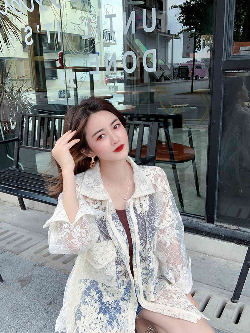 Summer Sweet Lace Hollow Out Embroidery Sun Protection Lapel Coat Women Zipper Casual Loose Vacation Top Femme 210518