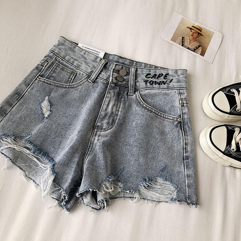 Womens Summer Casual Loose Denim Shorts Slim High Waist Jeans Fashion Embroidered Letter Wide Leg Women's