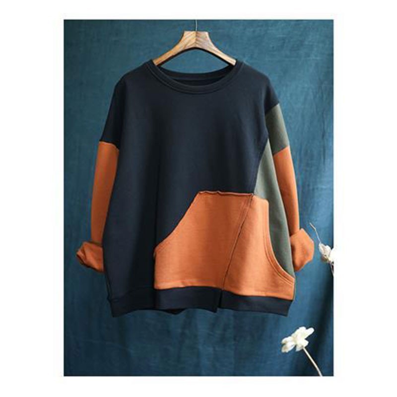 Spring Autumn Arts Style Women Loose Casual O-neck Pullovers Asymmetry Patchwork Cotton Long Sleeve Hoodies Big Size S102 210512