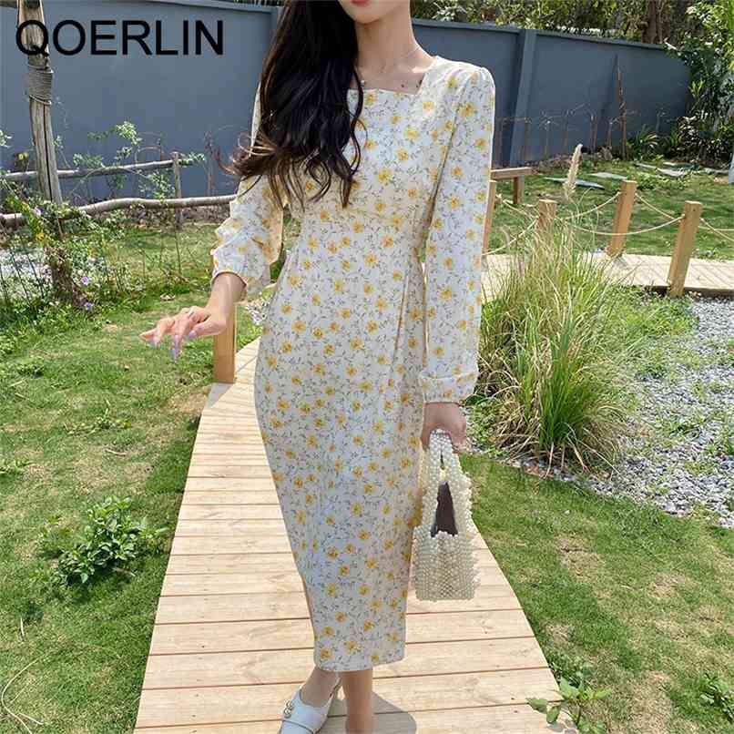 Spring Summer Dress Yellow Floral Print Loose Square Collar Lace Up Sweet Casual Cute Girls Fresh Dresses Women Outfits 210601