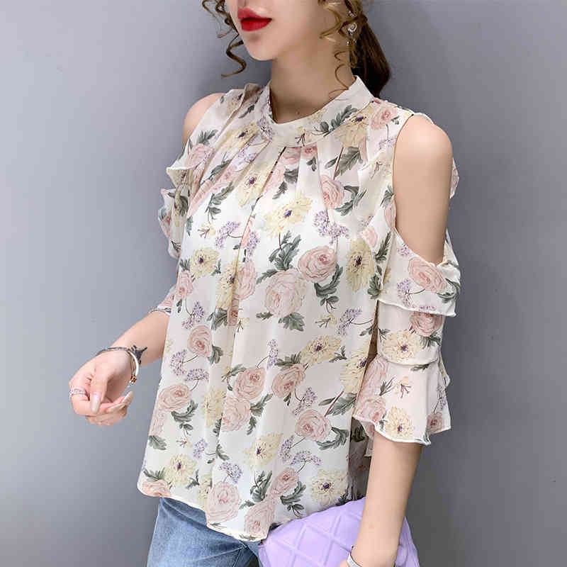Summer Off-the-shoulder Chiffon Blouse Women Korean Floral Short Sleeve Shirts Elegant Printing Female Clothing 13708 210508