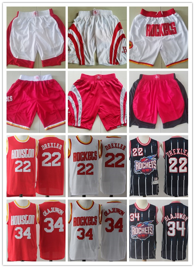 Mens Houston Throwback Rockets jersey Hakeem 34 Olajuwon Clyde 22 Drexler Basketball Shorts Bask, Black;red
