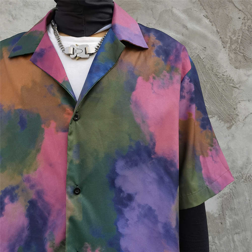 Shirts for Men Tie-dye Print Colorful Hawaii Beach Holiday Harajuku Short Sleeve Casual Shirt Oversized Summer Top Shirt 210601
