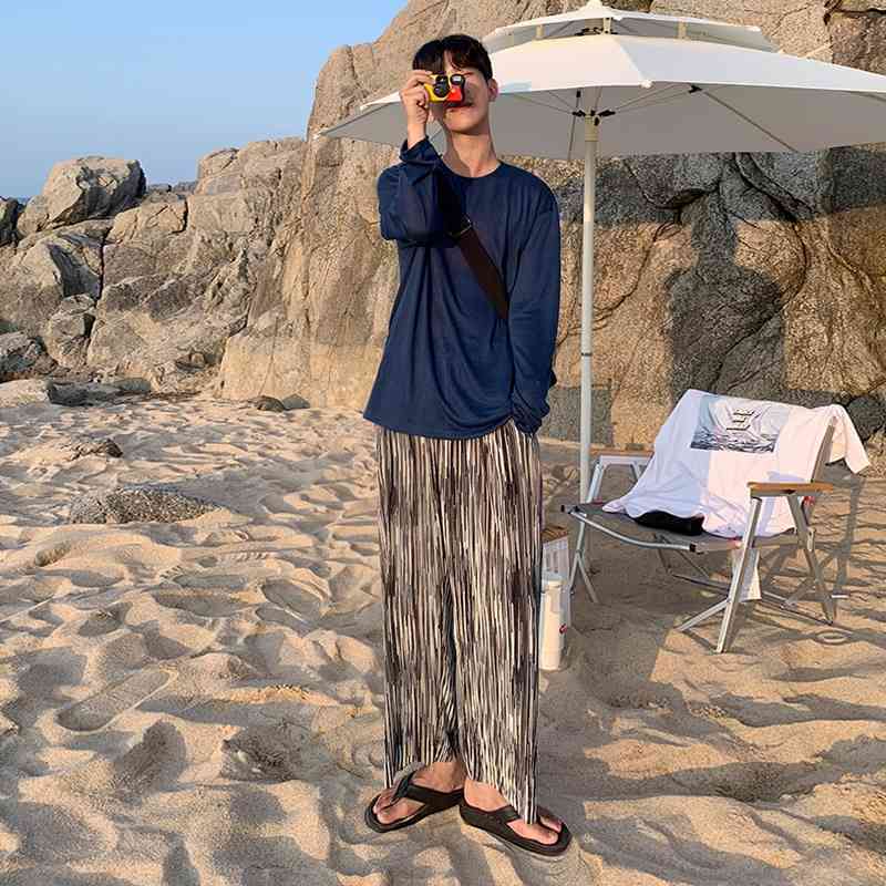IEFB Pleated Ice Silk Wide Leg Pants Men's Korean Trend Long Pants Summer Lightweight Loose Casual Straight Trousers 9Y7215 210524