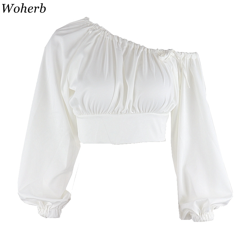 Elegant Off Shoulder White Blouse Solid Pleated Crop Top Stylish Korean Lady Vintage Lantern Sleeve All Match Blusas 210519