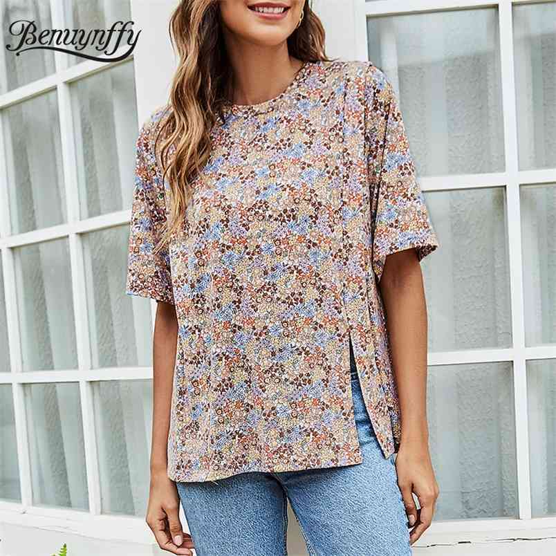 Crew Neck Floral Print Split Tops Blouses Summer Short Sleeve Loose Casual Boho Womens and 210510
