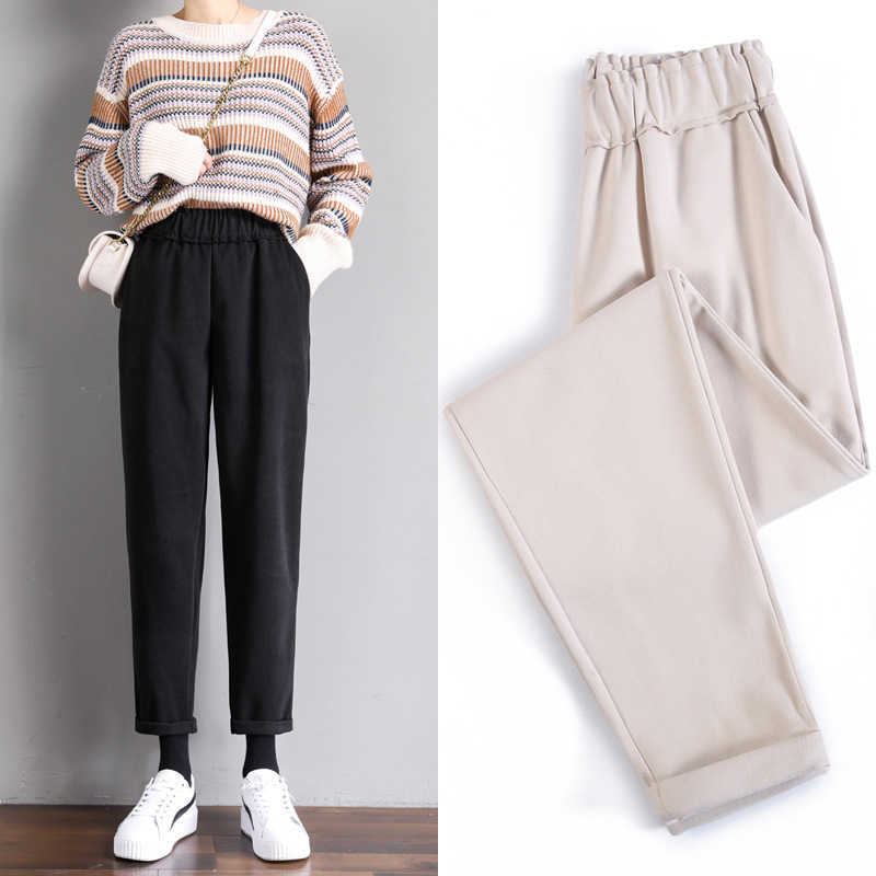 Women Woolen Pants Autumn Winter Casual Solid Elastic Waist Harem pants full length Trousers S-XXL 211006