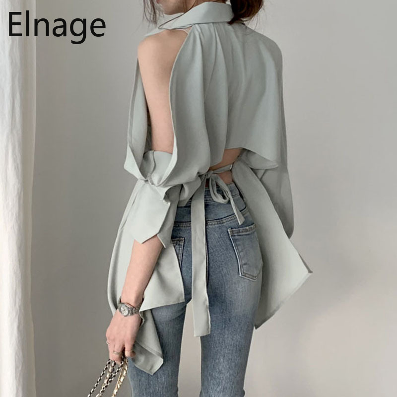 Korean Style Open Back Solid Long Sleeve Blouse OL Shirts Irregular Sexy Off Shoulder Lace Up Slim Vintage Blusas Mujer 5B205 210429