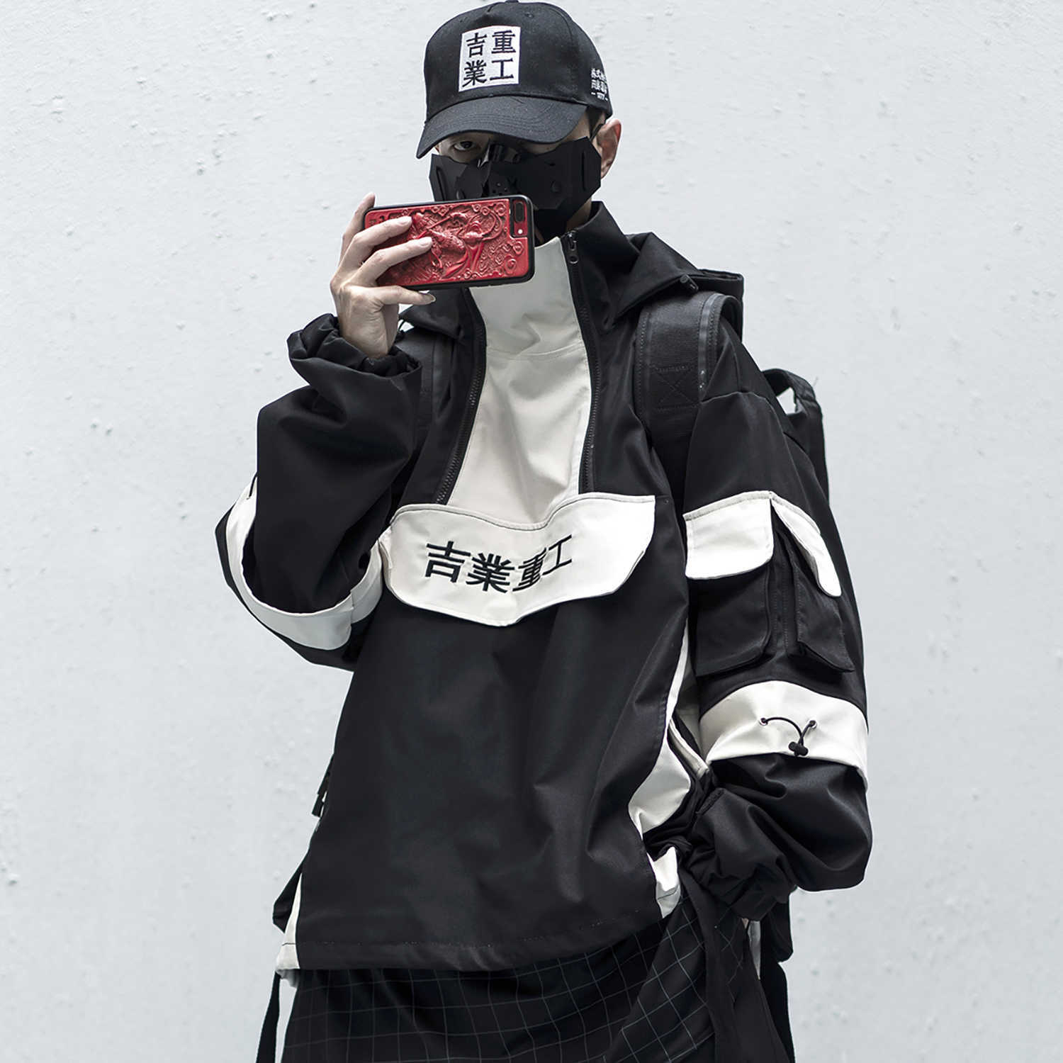 Double Breasted Pockets Turn-Down Collar Anorak Cargo Jacket for Men 210818