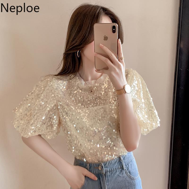 Neploe Summer Shirt Female Fashion Gauze Sequined Lantern Sleeve T Shirt Korean Loose Short Temperament Elegant Top Tees 210422