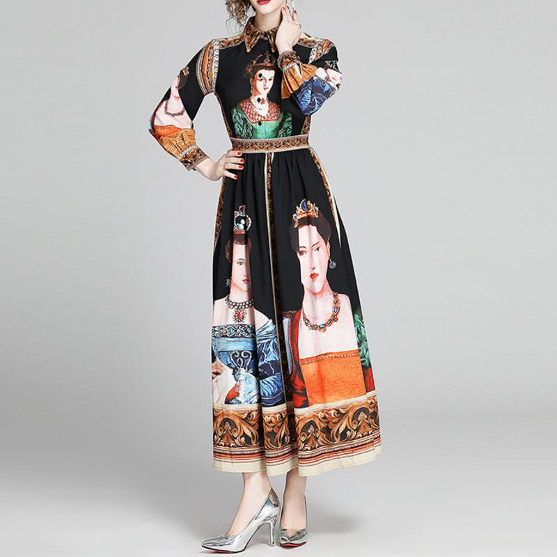 Summer Printing Temperament Long Sleeve Lapel Shirt Dress Slim High Waist Vintage Women Dresses 2H177 210526