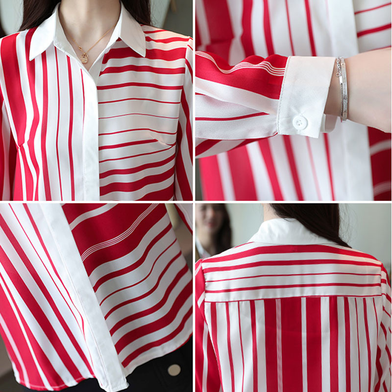 Autumn Korean Long Sleeve Shirts Turn-down Collar Chiffon Blouses Femal Slim Striped Women Tops 6108 210518