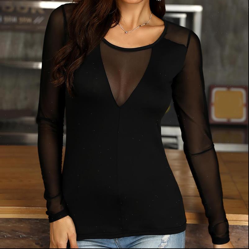 long sleeve v neck transparent women shirts patchwork black mesh and blouses summer female, White
long sleeve v neck transparent women shirts patchwork black mesh and blouses summer female, White