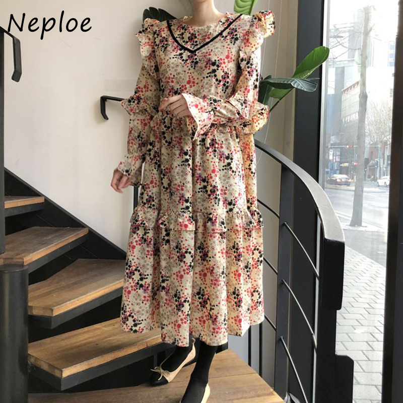 O Neck Flare Long Sleeve Loose Dress Women High Waist Hip A Line Vestidos Vintage Print Spring Robe 210422