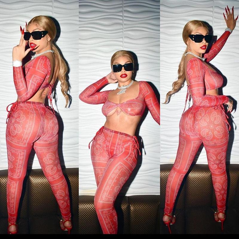 Bandana Print Sheer Mesh Two Piece Set Long Sleeve Crop Top Leggings 2pc Club Outfits For Women Matching Sets D87CZ16 Women0394951826