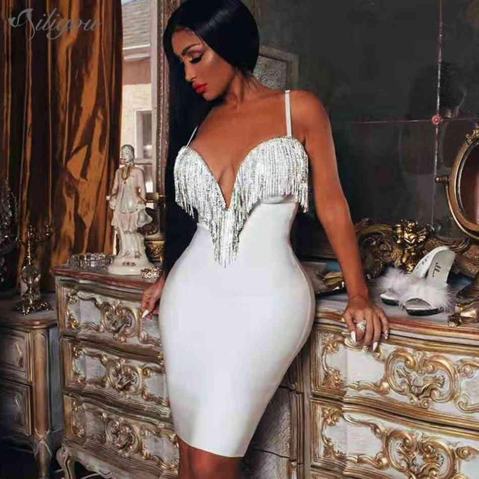 Summer Style Ladies Bandage Celebrity Party Sexy Bodycon Spaghetti V-Neck Diamond Tassel Mini Dress Vestidos 210525