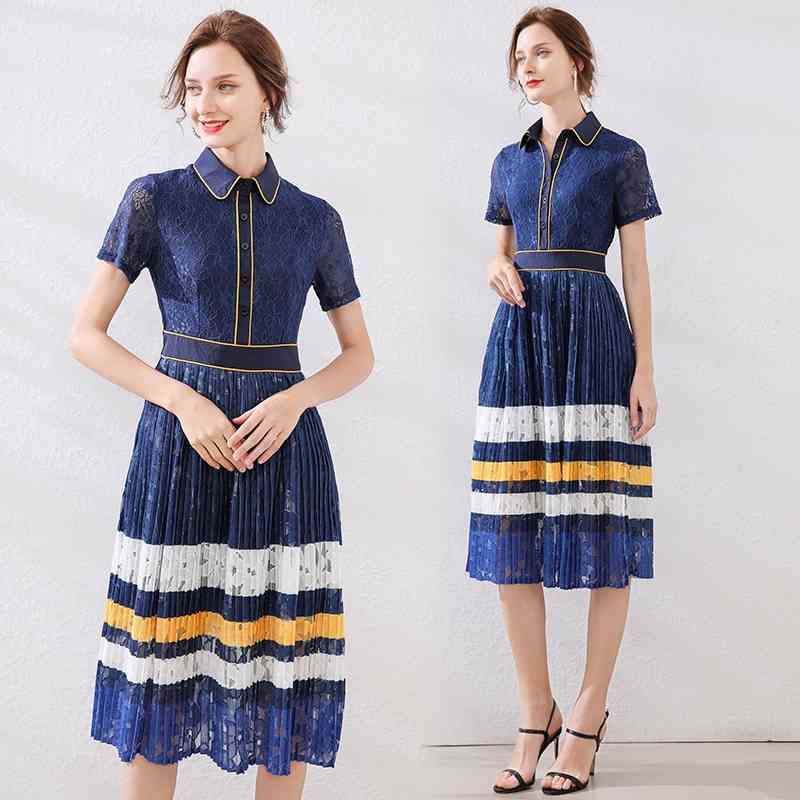Summer Woman Lace Pleated Dress Striped Blue Ladies Slim Short Sleeve Party Female Casual Dresses 210506