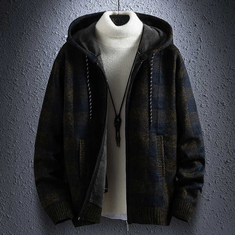 Winter Thick Cardigan Men's Sweater Zipper Striped Hooded Fashion Warm Slim fit Knitted Sweater Male Fleece Hoodies Coats men 211008