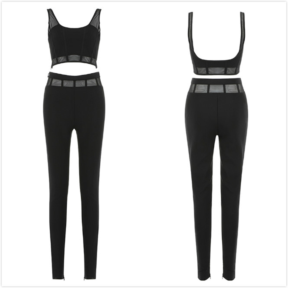 Free Women Summer Lace Patchwork Bandage Pants Set Sexy Halter Vest & Pencil Black Casual Two-piece 210524