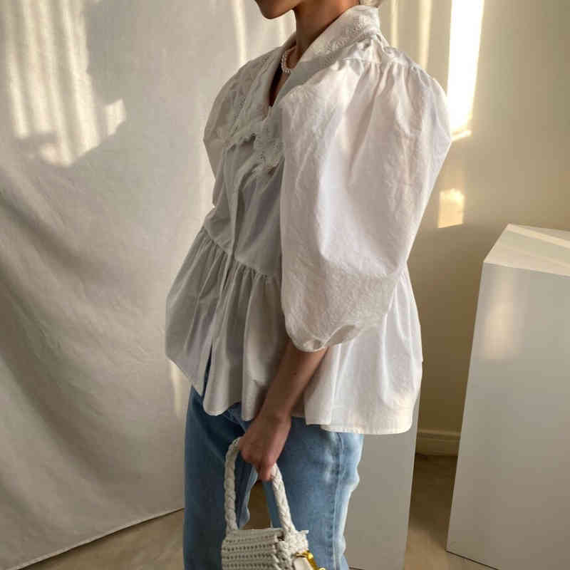 Nomikuma Korea Chic Lace Peter Pan Collat Blouses Puff Short Sleeve Doll Shirt New Ruffle Sweet Blusas Camisas Mujer 6G702 210427