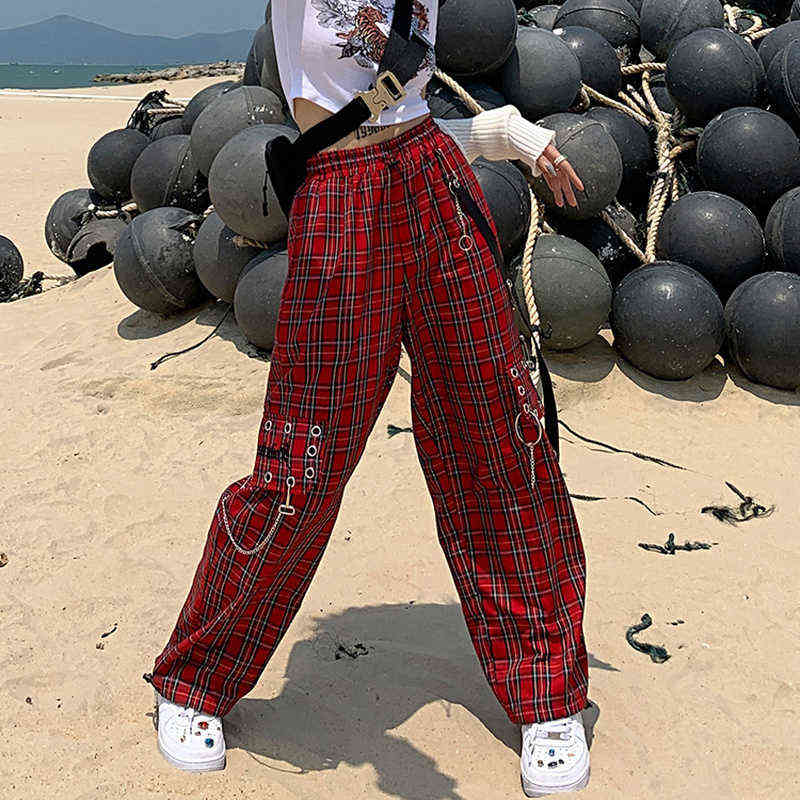 HOUZHOU Punk Cargo Plaid Pant Gothic Harajuku Red Checkered Wide Leg Trousers For Female Autumn Streetwear Hippie Fashion 211124