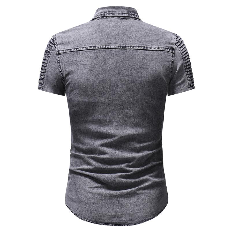 Men's Casual Shirts Mens Slim Fit Short Sleeve Denim Shirt Button Down Standard-Fit Hip Hop Distressed Jeans