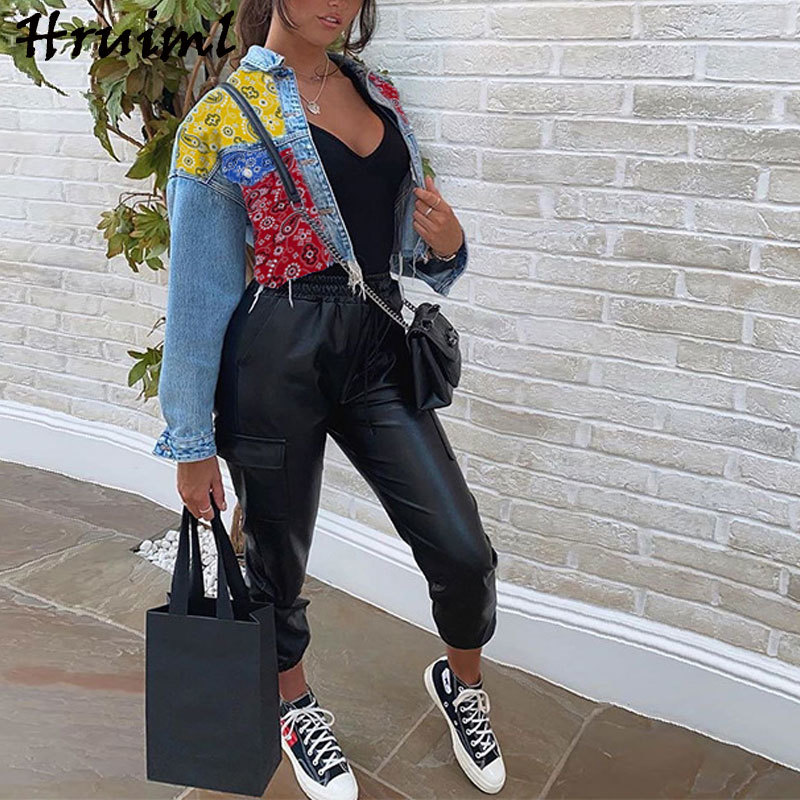 Crop Jean Jacket Fashion Coats and Jackets Women Patchwork Long Sleeve Turn-down Collar Short Coat Button Casual High Street 210513