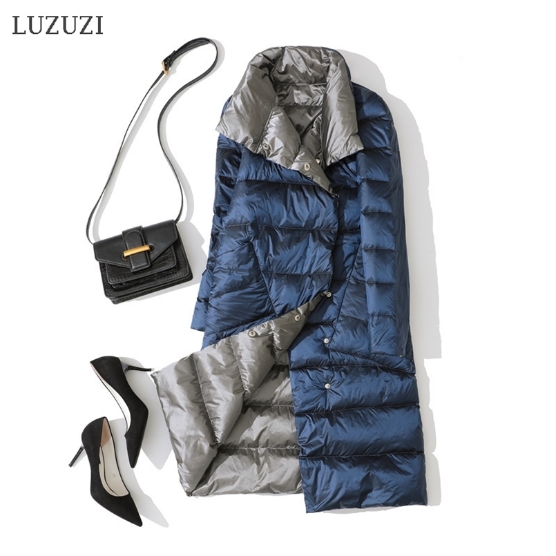 LUZUZI double side Women's winter down jacket fashion long double-breasted down coat female Warm white duck down parka 210819