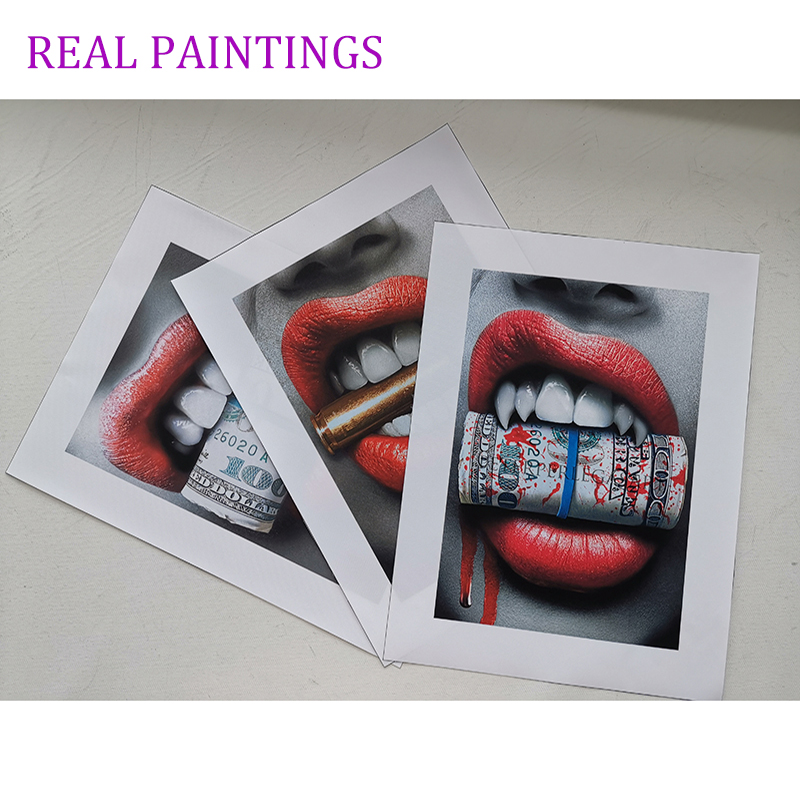 Wall Art Sexy Red Lips Bite Bullet and Money Modern Canvas Paintings For Living Room Posters & Prints Home Decor