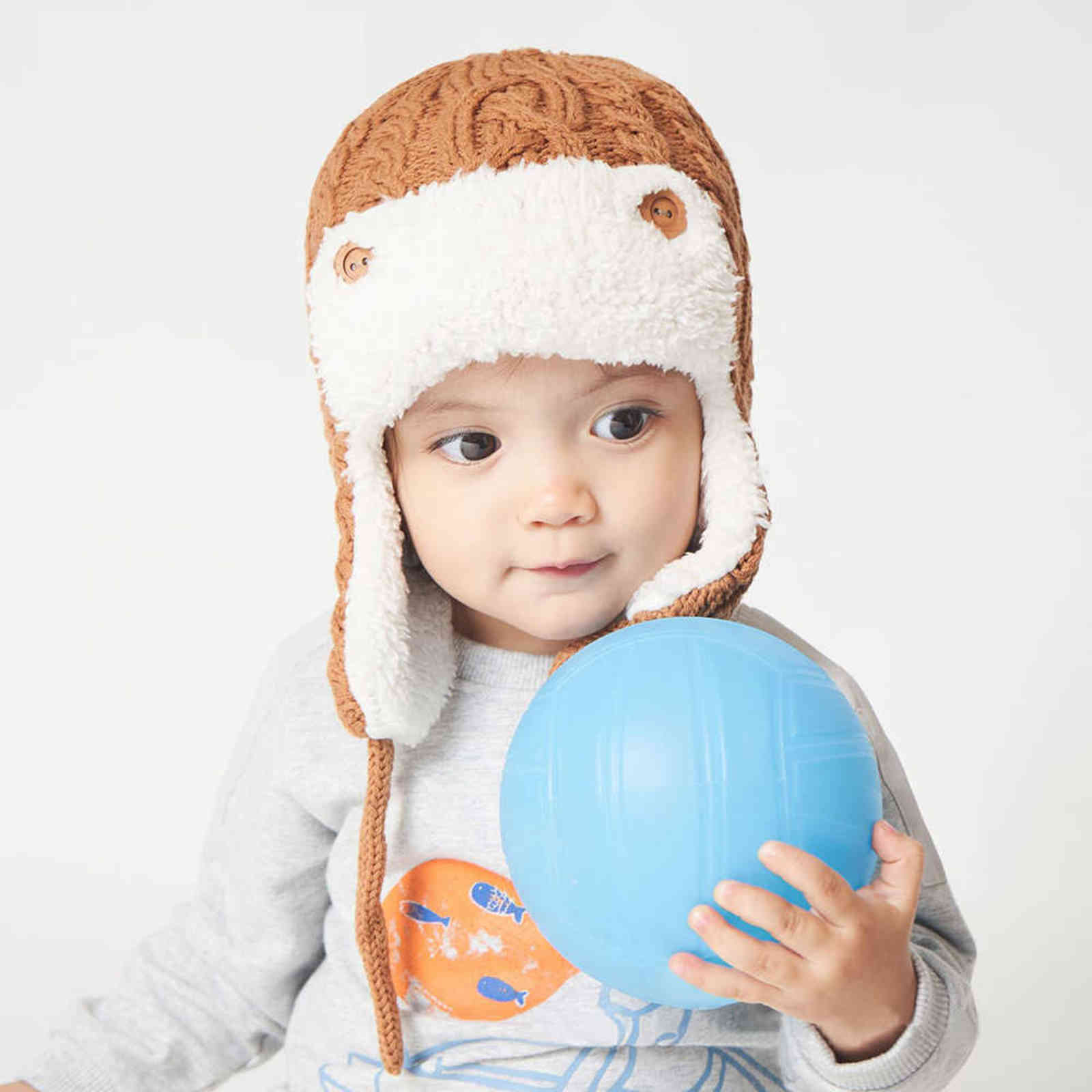 Winter Baby Bomber Hat Cotton Knit Kids Beanie Caps for Boys and Girls with Fleece Lining Children 211126