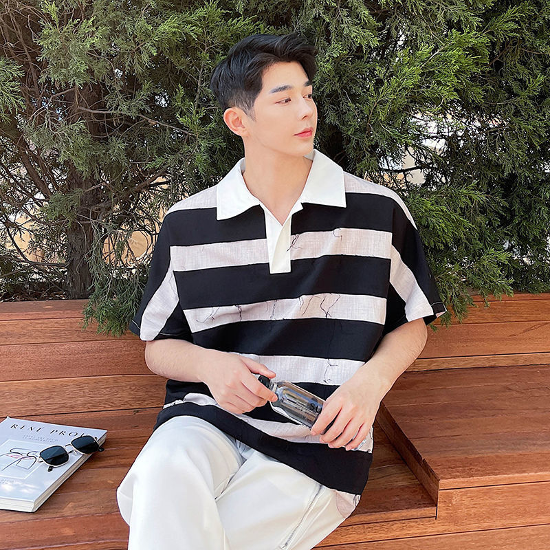 IEFB Summer Polo Shirt For Men Personalized Burr Stripe Polo Pullover Short Sleeve Tee Tops Oversized Clothing 9Y7551 210524