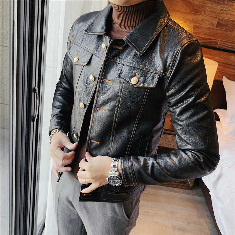 High Quality Autumn Winter Korean Slim Fit Single Breasted Turn Down Collar Motorcycle PU Leather Jacket Men Clothing Coats 211119
